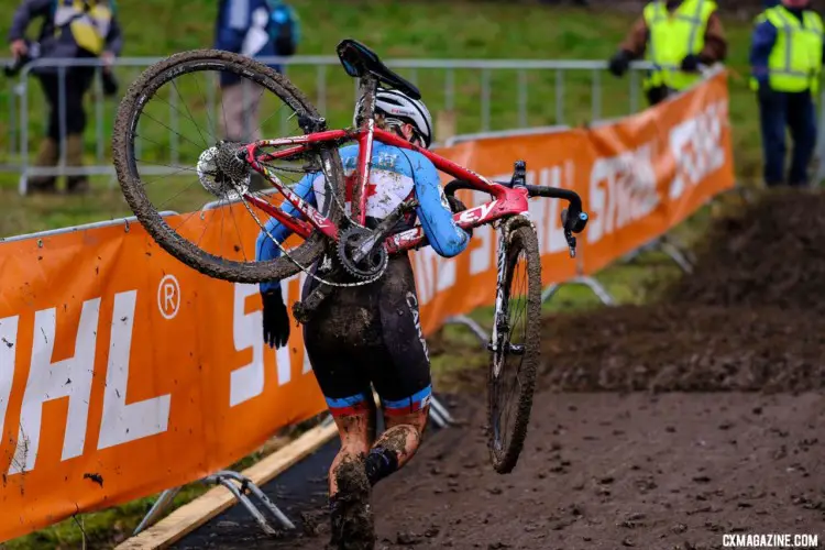 Derailleurs had a rough day, as did riders, in Valkenburg. U23 Women. 2018 UCI Cyclocross World Championships, Valkenburg-Limburg, The Netherlands. © Gavin Gould / Cyclocross Magazine