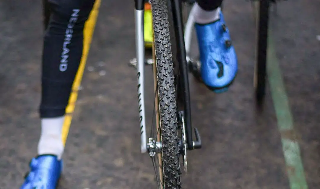 Van der Poel shed his normal Dugast Rhino tubulars for Challenge Limus for his Worlds race. The Limus had won the four earlier title races. 2018 UCI Cyclocross World Championships, Valkenburg-Limburg, The Netherlands. © Bart Hazen / Cyclocross Magazine