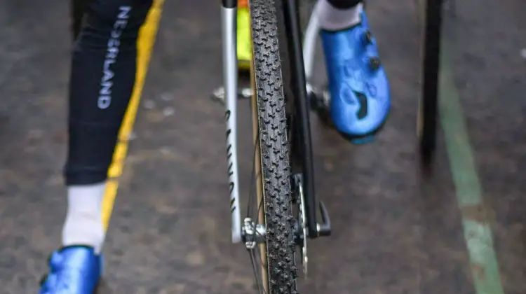 Van der Poel shed his normal Dugast Rhino tubulars for Challenge Limus for his Worlds race. The Limus had won the four earlier title races. 2018 UCI Cyclocross World Championships, Valkenburg-Limburg, The Netherlands. © Bart Hazen / Cyclocross Magazine