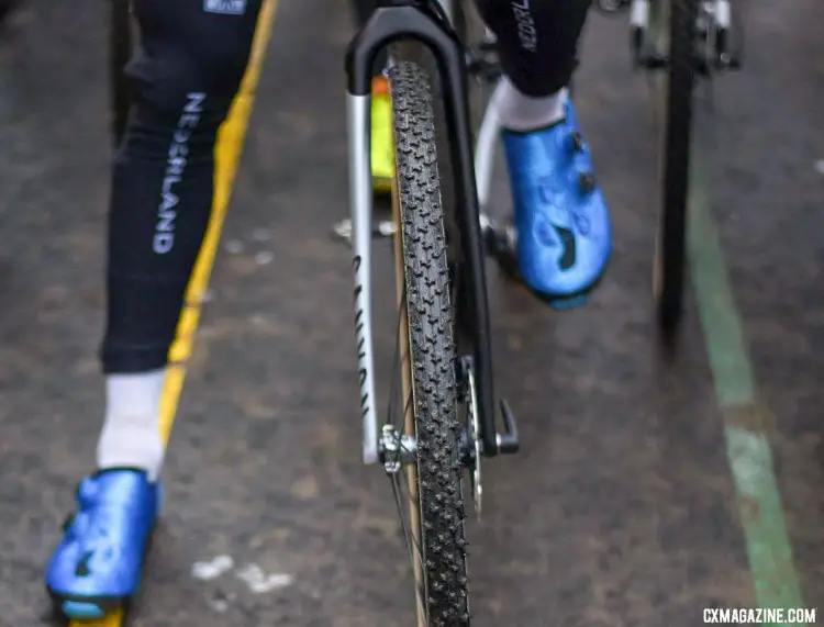 Van der Poel shed his normal Dugast Rhino tubulars for Challenge Limus for his Worlds race. The Limus had won the four earlier title races. 2018 UCI Cyclocross World Championships, Valkenburg-Limburg, The Netherlands. © Bart Hazen / Cyclocross Magazine