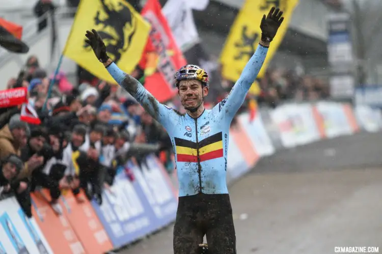 Wout van Aert posts up to celebrate his win. Elite Men. 2018 UCI Cyclocross World Championships, Valkenburg-Limburg, The Netherlands. © Bart Hazen / Cyclocross Magazine