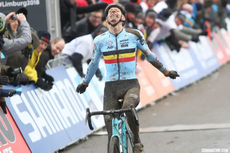 Michael Vanthourenhout celebrates his second-place finish. Elite Men. 2018 UCI Cyclocross World Championships, Valkenburg-Limburg, The Netherlands. © Bart Hazen / Cyclocross Magazine