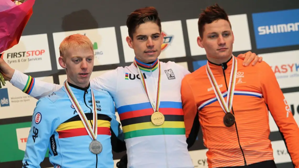 Men's podium: Wout van Aert, Michael Vanthourenhout and Mathieu van der Poel. Elite Men. 2018 UCI Cyclocross World Championships, Valkenburg-Limburg, The Netherlands. © Bart Hazen / Cyclocross Magazine