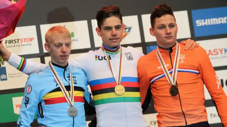 Men's podium: Wout van Aert, Michael Vanthourenhout and Mathieu van der Poel. Elite Men. 2018 UCI Cyclocross World Championships, Valkenburg-Limburg, The Netherlands. © Bart Hazen / Cyclocross Magazine