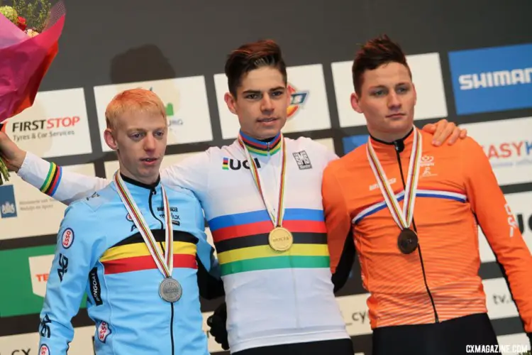 Men's podium: Wout van Aert, Michael Vanthourenhout and Mathieu van der Poel. Elite Men. 2018 UCI Cyclocross World Championships, Valkenburg-Limburg, The Netherlands. © Bart Hazen / Cyclocross Magazine