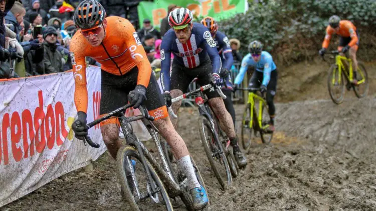 Mathieu van der Poel leads Stephen Hyde before surging into the lead by riding this off-camber when others had to dismount. 2018 UCI Cyclocross World Championships, Valkenburg-Limburg, The Netherlands. © Bart Hazen / Cyclocross Magazine