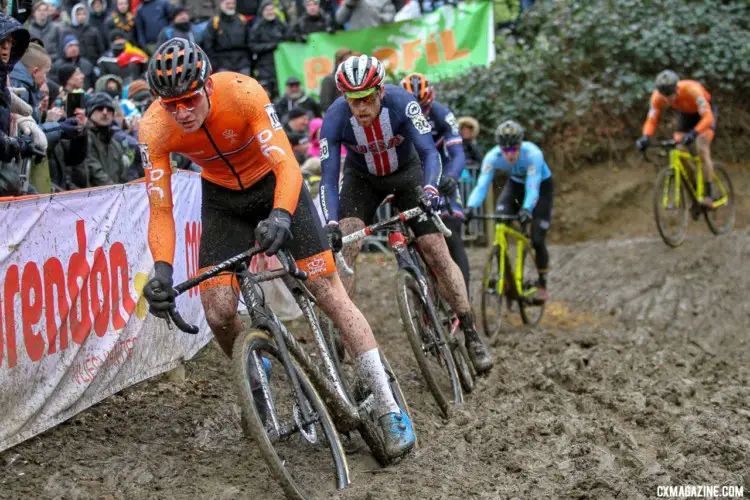 Mathieu van der Poel leads Stephen Hyde before surging into the lead by riding this off-camber when others had to dismount. 2018 UCI Cyclocross World Championships, Valkenburg-Limburg, The Netherlands. © Bart Hazen / Cyclocross Magazine