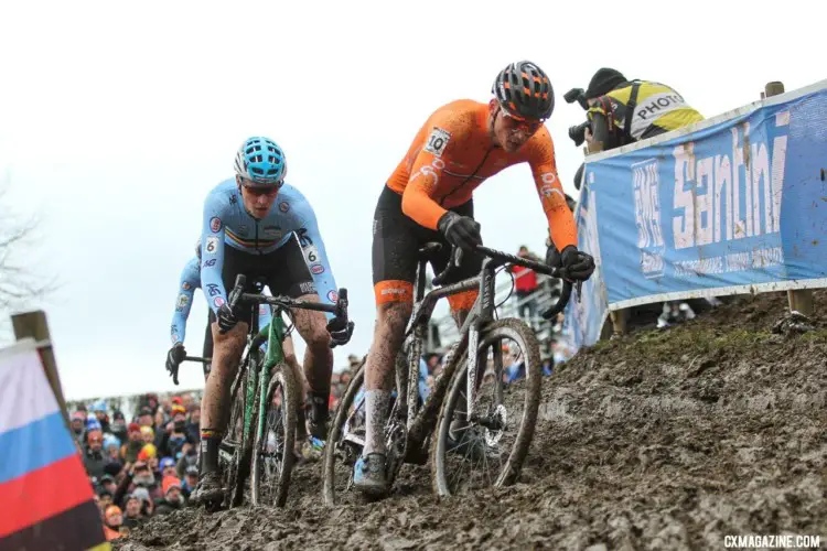 Mathieu van der Poel led early in the race after a fast start by Tim Merlier. Elite Men. 2018 UCI Cyclocross World Championships, Valkenburg-Limburg, The Netherlands. © Bart Hazen / Cyclocross Magazine