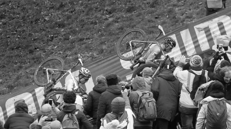 Wout van Aert and Mathieu van der Poel head up the run-up early in the race. Elite Men. 2018 UCI Cyclocross World Championships, Valkenburg-Limburg, The Netherlands. © Bart Hazen / Cyclocross Magazine