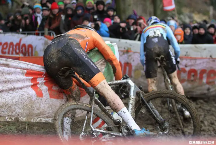 An early mistake by Van der Poel signaled a tough day to come. Elite Men. 2018 UCI Cyclocross World Championships, Valkenburg-Limburg, The Netherlands. © Bart Hazen / Cyclocross Magazine