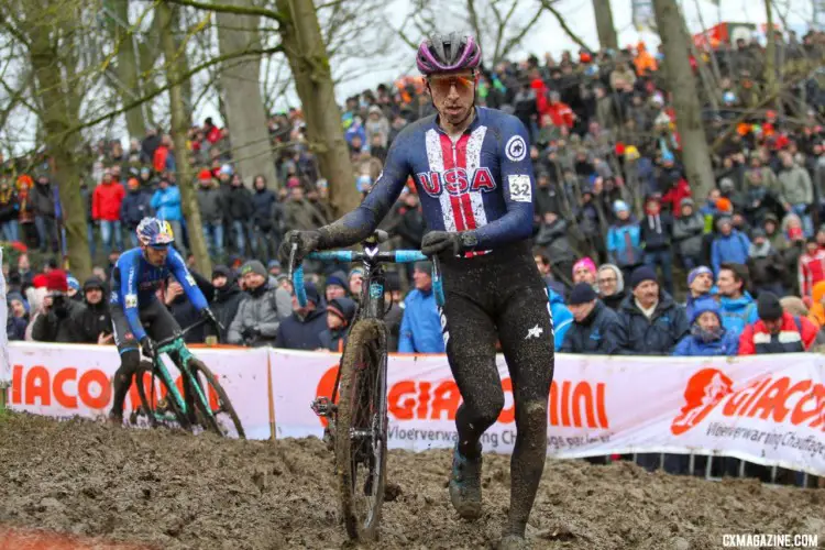 Kerry Werner hoofs it through one of the many running sections. Elite Men. 2018 UCI Cyclocross World Championships, Valkenburg-Limburg, The Netherlands. © Bart Hazen / Cyclocross Magazine