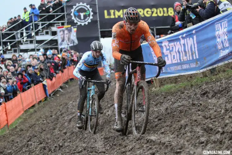 Mathieu van der Poel led Michael Vanthourenhout until the Belgian got away. Elite Men. 2018 UCI Cyclocross World Championships, Valkenburg-Limburg, The Netherlands. © Bart Hazen / Cyclocross Magazine