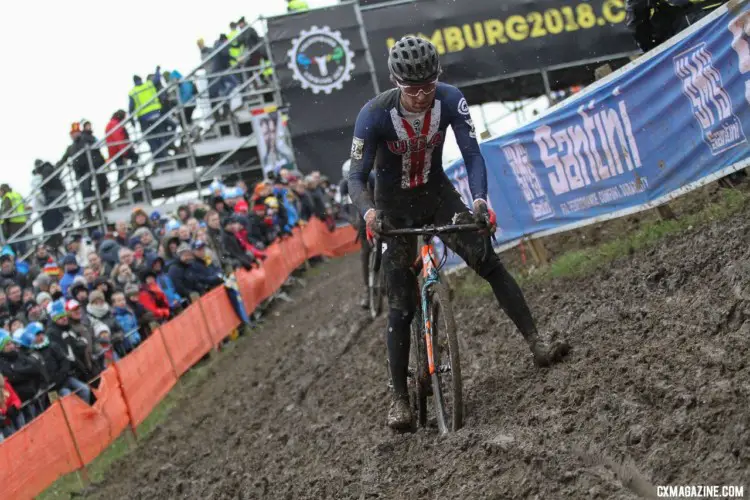 Cody Kaiser propels himself along the off-camber. Elite Men. 2018 UCI Cyclocross World Championships, Valkenburg-Limburg, The Netherlands. © Bart Hazen / Cyclocross Magazine