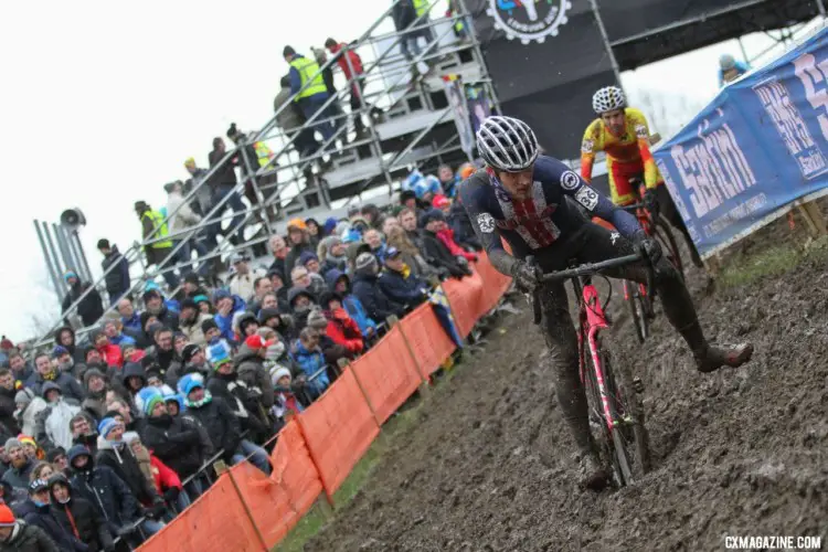 Tristan Cowie tries to find the right rut on an off-camber. Elite Men. 2018 UCI Cyclocross World Championships, Valkenburg-Limburg, The Netherlands. © Bart Hazen / Cyclocross Magazine
