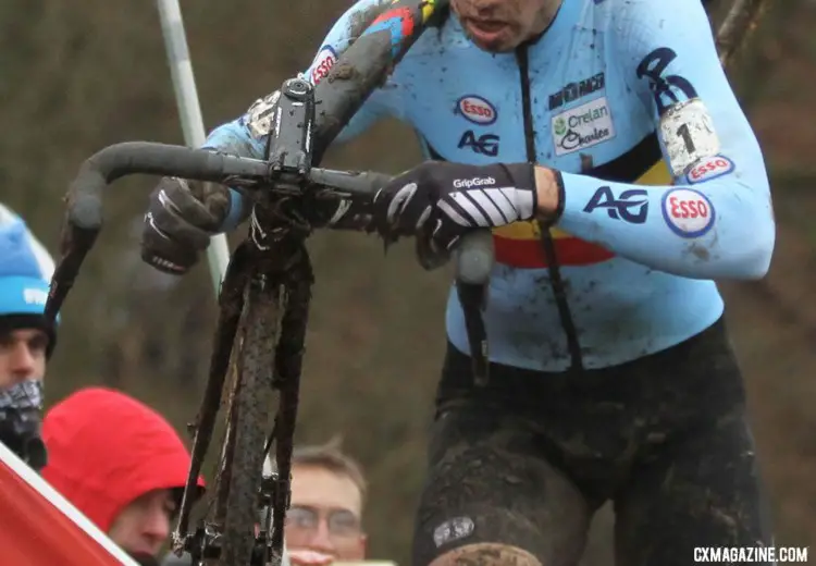 Wout Van Aert and Ablert didn't roll on their Dugast mtb-based prototypes but instead downsized to 30mm Dugast 30mm Rhino tubulars. 2018 UCI Cyclocross World Championships, Valkenburg-Limburg, The Netherlands. © Bart Hazen / Cyclocross Magazine