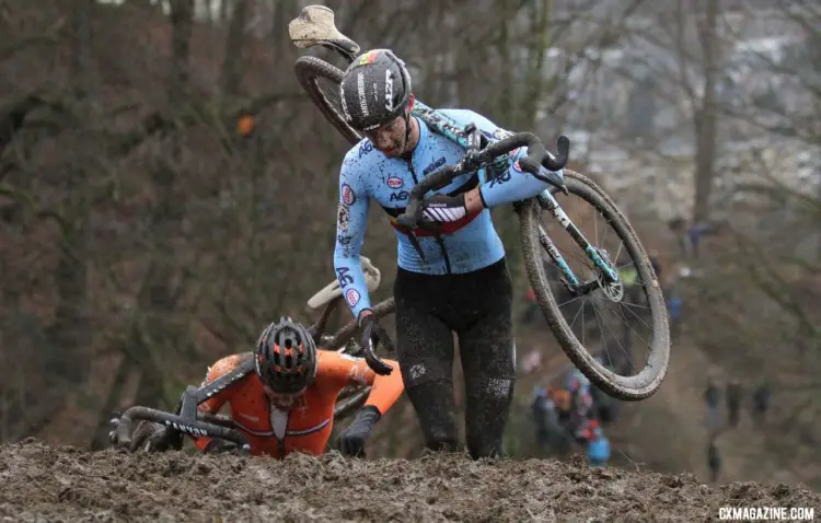 Michael Vanthourenhout eventually escaped from Van der Poel to take second. Elite Men. 2018 UCI Cyclocross World Championships, Valkenburg-Limburg, The Netherlands. © Bart Hazen / Cyclocross Magazine