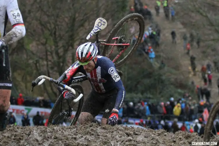 Stephen Hyde summits the run-up. Elite Men. 2018 UCI Cyclocross World Championships, Valkenburg-Limburg, The Netherlands. © Bart Hazen / Cyclocross Magazine