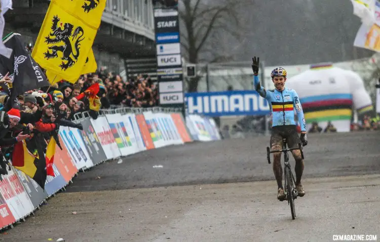 Wout van Aert joins a select Cyclocross World Champion threepeat club of four men and one women. 2018 UCI Cyclocross World Championships, Valkenburg-Limburg, The Netherlands. © Bart Hazen / Cyclocross Magazine