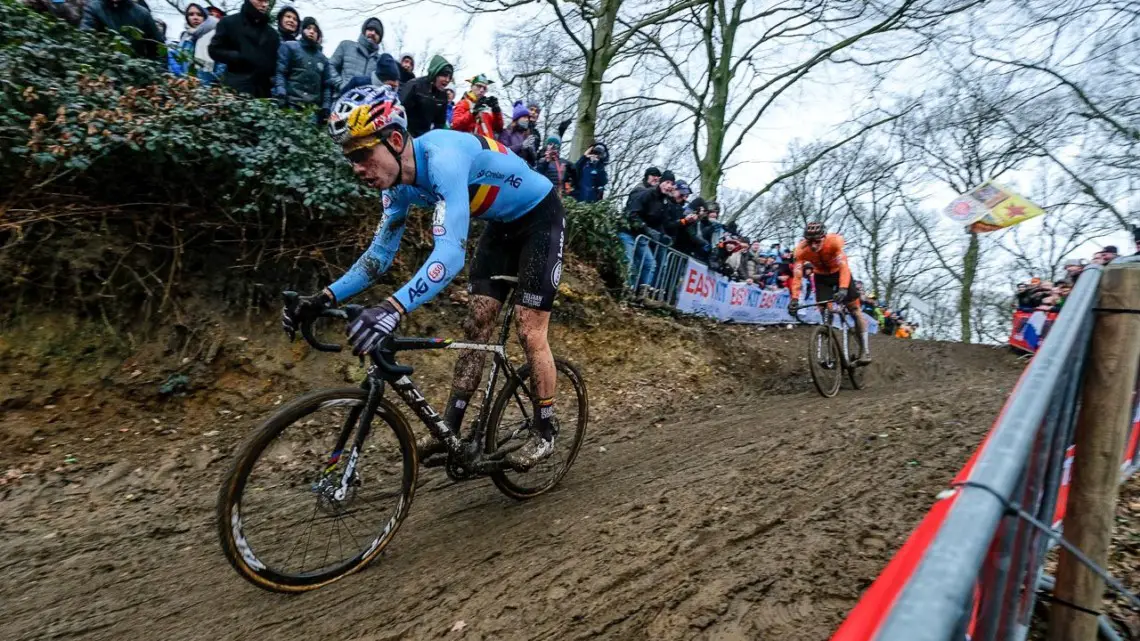 Wout van Aert and Mathieu van der Poel rode together for a bit before Van Aert dropped his rival. Elite Men. 2018 UCI World Championships, Valkenburg-Limburg. © Gavin Gould / Cyclocross Magazine