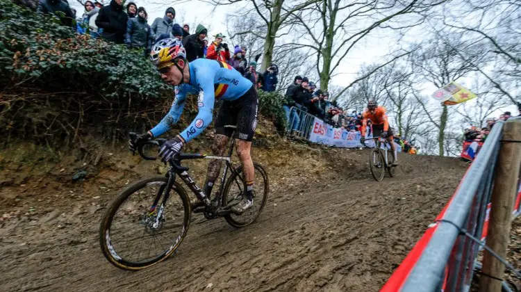 Wout van Aert and Mathieu van der Poel rode together for a bit before Van Aert dropped his rival. Elite Men. 2018 UCI World Championships, Valkenburg-Limburg. © Gavin Gould / Cyclocross Magazine