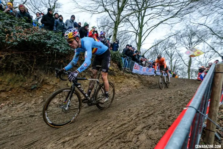 Wout van Aert and Mathieu van der Poel rode together for a bit before Van Aert dropped his rival. Elite Men. 2018 UCI World Championships, Valkenburg-Limburg. © Gavin Gould / Cyclocross Magazine