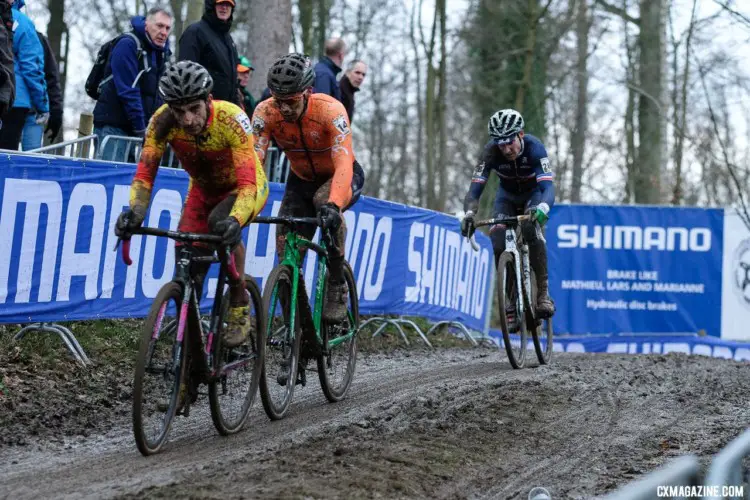 This group of riders was near the cut-off for finishing on the lead lap, which only 22 riders did on Sunday. Elite Men. 2018 UCI World Championships, Valkenburg-Limburg. © Gavin Gould / Cyclocross Magazine