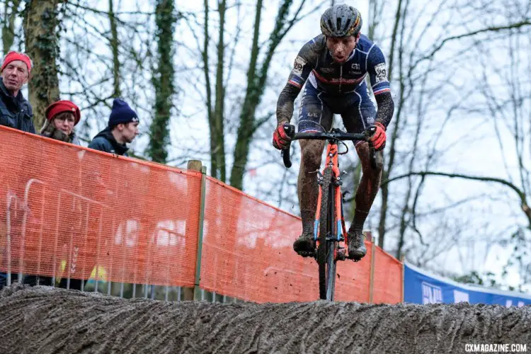 Francis Mourey gets ready for one of the drops. Elite Men. 2018 UCI World Championships, Valkenburg-Limburg. © Gavin Gould / Cyclocross Magazine
