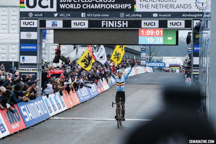 Wout van Aert celebrates his Worlds win. Elite Men. 2018 UCI World Championships, Valkenburg-Limburg. © Gavin Gould / Cyclocross Magazine