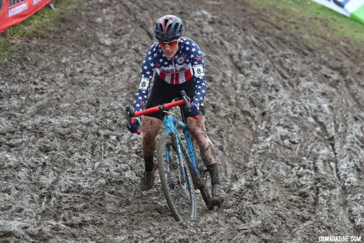 Katie Compton finds her line on one of the many muddy off-cambers. Elite Women. 2018 UCI Cyclocross World Championships, Valkenburg-Limburg, The Netherlands. © Bart Hazen / Cyclocross Magazine