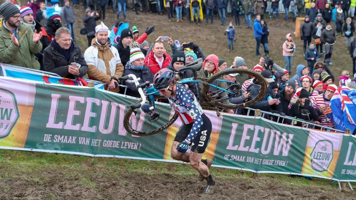 Katie Compton runs up the wall. Elite Women. 2018 UCI Cyclocross World Championships, Valkenburg-Limburg, The Netherlands. © Bart Hazen / Cyclocross Magazine