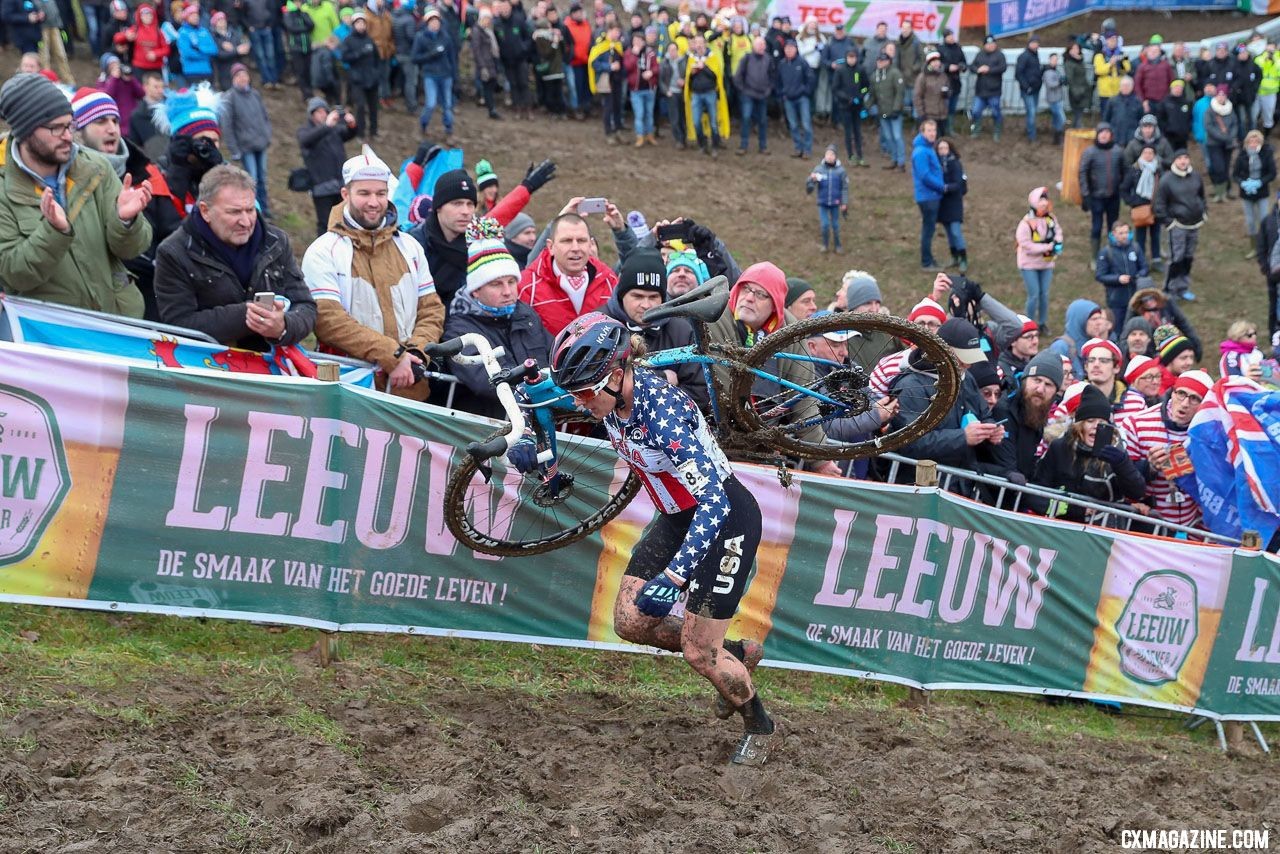 Katie Compton runs up the wall. Elite Women. 2018 UCI Cyclocross World Championships, Valkenburg-Limburg, The Netherlands. © Bart Hazen / Cyclocross Magazine