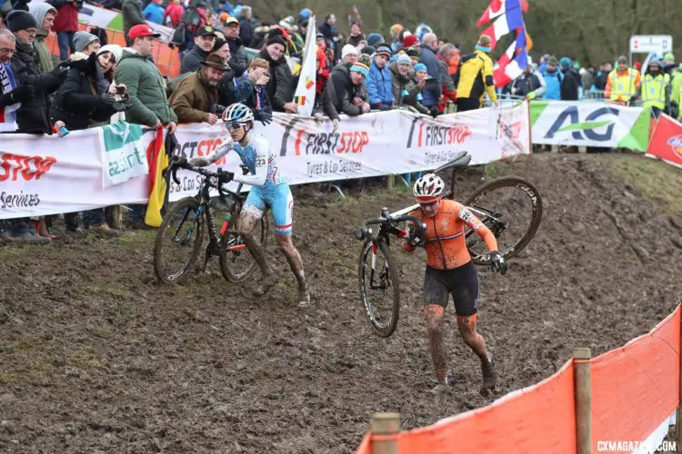 Lucinda Brand and Christine Majerus battled for the third podium spot. Elite Women. 2018 UCI Cyclocross World Championships, Valkenburg-Limburg, The Netherlands. © Bart Hazen / Cyclocross Magazine