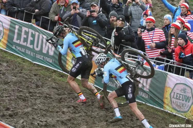 Sanne Cant and Ellen Van Loy led early in the race. Elite Women. 2018 UCI Cyclocross World Championships, Valkenburg-Limburg, The Netherlands. © Bart Hazen / Cyclocross Magazine
