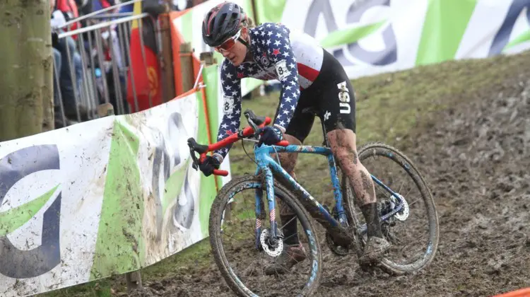 Katie Compton focuses on one of the technical descents. Elite Women. 2018 UCI Cyclocross World Championships, Valkenburg-Limburg, The Netherlands. © Bart Hazen / Cyclocross Magazine