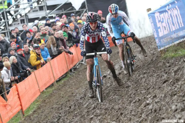 Katie Compton caught Christine Majerus and then pulled away to catch Sanne Cant. Elite Women. 2018 UCI Cyclocross World Championships, Valkenburg-Limburg, The Netherlands. © Bart Hazen / Cyclocross Magazine