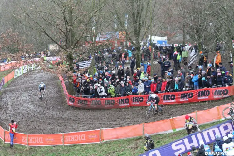 Katie Compton and Sanne Cant battled into the last lap. Elite Women. 2018 UCI Cyclocross World Championships, Valkenburg-Limburg, The Netherlands. © Bart Hazen / Cyclocross Magazine