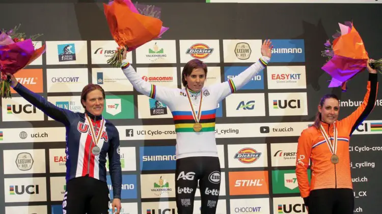 Women's podium: Sanne Cant, Katie Compton and Lucinda Brand. Elite Women. 2018 UCI Cyclocross World Championships, Valkenburg-Limburg, The Netherlands. © Bart Hazen / Cyclocross Magazine