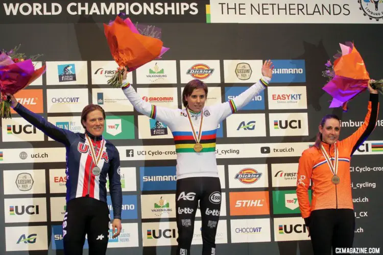 Women's podium: Sanne Cant, Katie Compton and Lucinda Brand. Elite Women. 2018 UCI Cyclocross World Championships, Valkenburg-Limburg, The Netherlands. © Bart Hazen / Cyclocross Magazine