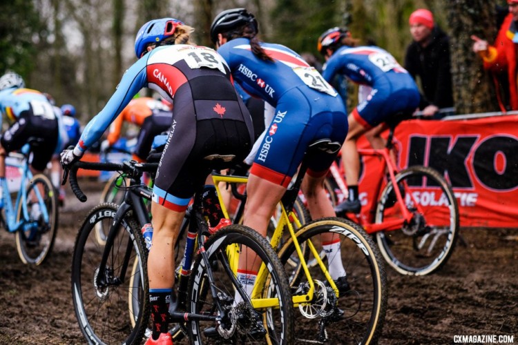 Rubbing was racing for Maghalie Rochette and Nikki Brammeier. Elite Women, 2018 UCI Cyclocross World Championships, Valkenburg-Limburg, The Netherlands. © Gavin Gould / Cyclocross Magazine