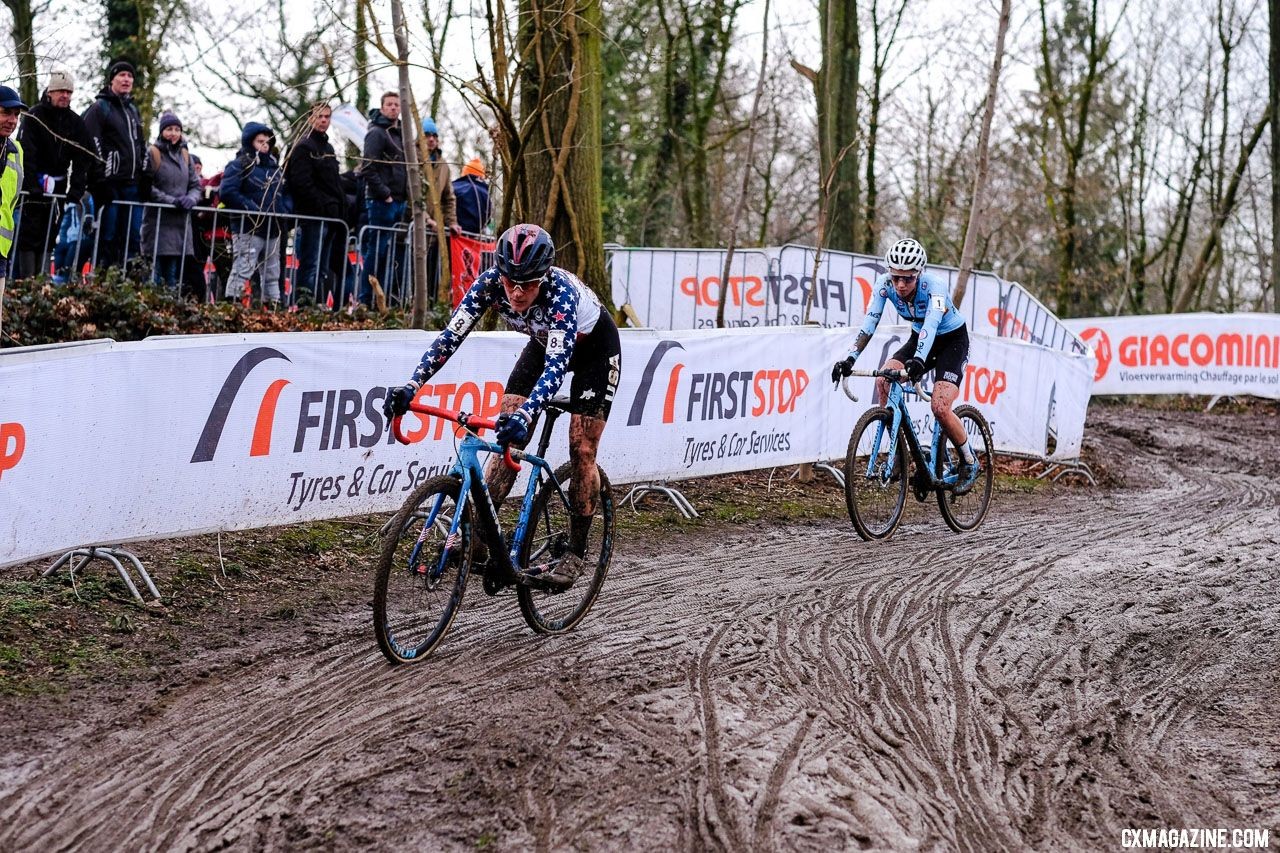 Cant and Compton got to the front for a battle with everything on the line. Elite Women, 2018 UCI Cyclocross World Championships, Valkenburg-Limburg, The Netherlands. © Gavin Gould / Cyclocross Magazine