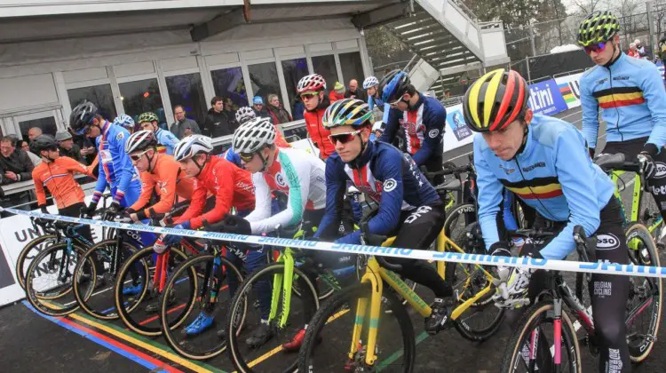 The Junior riders wait for the start of the race. Junior Men. 2018 UCI Cyclocross World Championships, Valkenburg-Limburg, The Netherlands. © Bart Hazen / Cyclocross Magazine