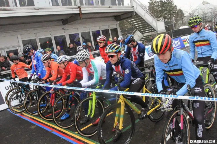 The Junior riders wait for the start of the race. Junior Men. 2018 UCI Cyclocross World Championships, Valkenburg-Limburg, The Netherlands. © Bart Hazen / Cyclocross Magazine