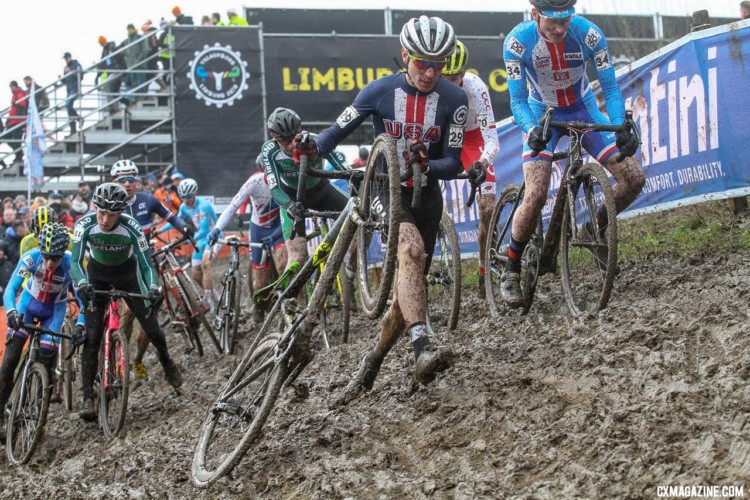 The off-cambers were muddy and challenging. Junior Men. 2018 UCI Cyclocross World Championships, Valkenburg-Limburg, The Netherlands. © Bart Hazen / Cyclocross Magazine