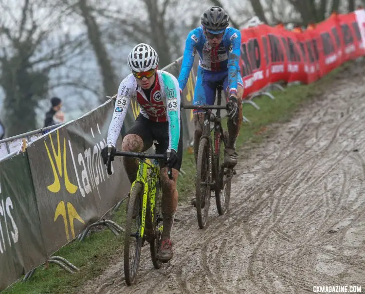 Loris Rouiller of Switzerland led early on. Junior Men. 2018 UCI Cyclocross World Championships, Valkenburg-Limburg, The Netherlands. © Bart Hazen / Cyclocross Magazine