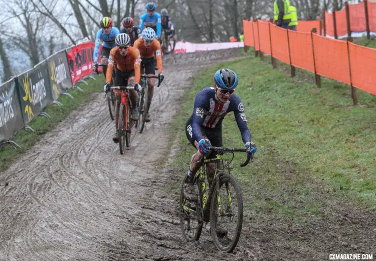 Lane Maher led at one point and finished fifth. Junior Men. 2018 UCI Cyclocross World Championships, Valkenburg-Limburg, The Netherlands. © Bart Hazen / Cyclocross Magazine