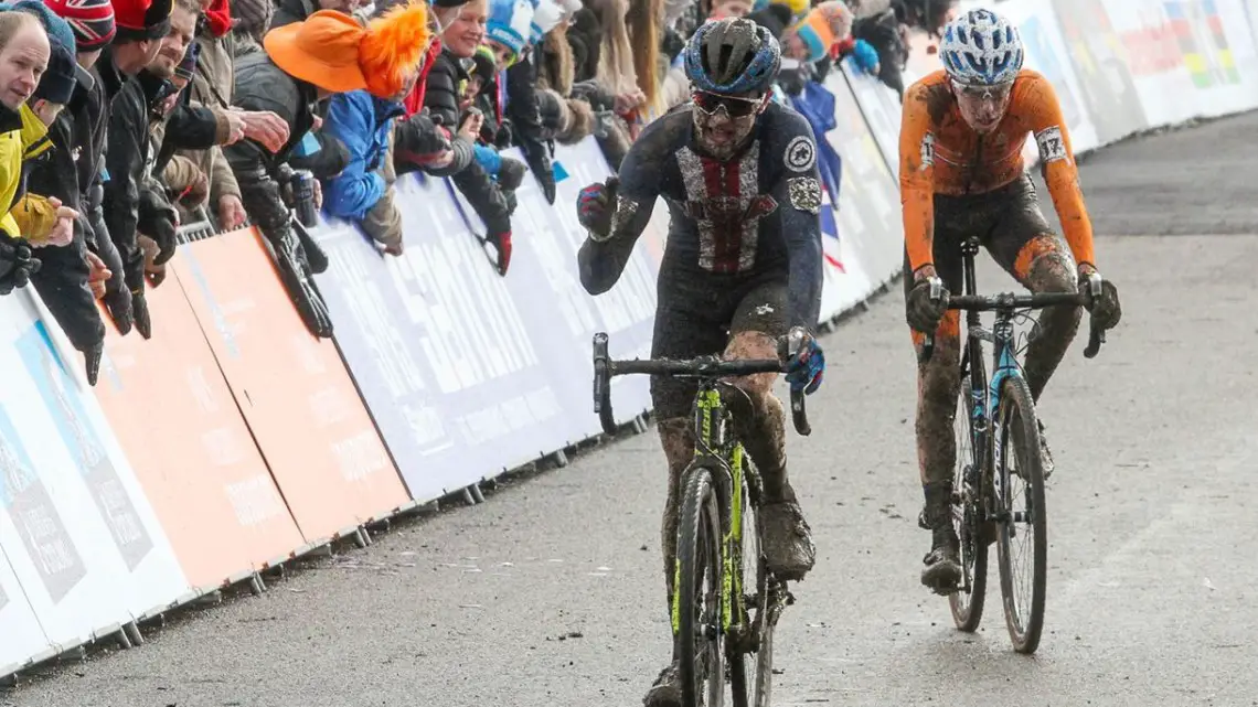 Lane Maher celerates his fifth-place finish. Junior Men. 2018 UCI Cyclocross World Championships, Valkenburg-Limburg, The Netherlands. © Bart Hazen / Cyclocross Magazine