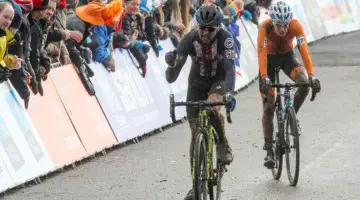 Lane Maher celerates his fifth-place finish. Junior Men. 2018 UCI Cyclocross World Championships, Valkenburg-Limburg, The Netherlands. © Bart Hazen / Cyclocross Magazine