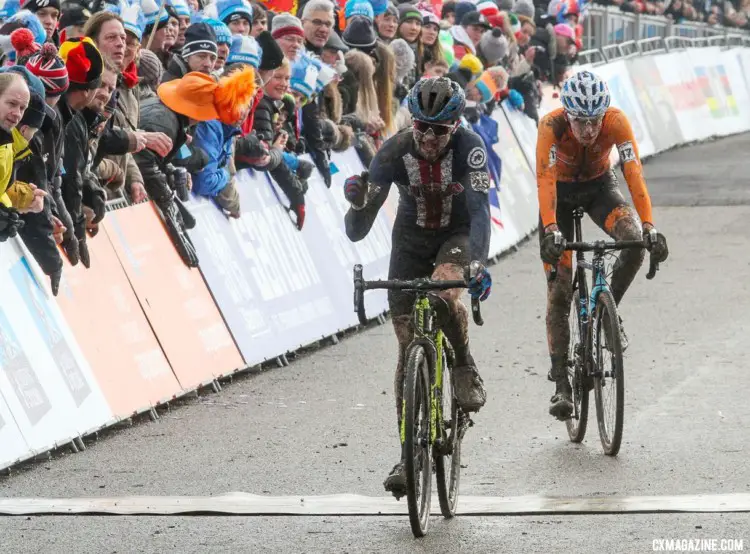 Lane Maher celerates his fifth-place finish. Junior Men. 2018 UCI Cyclocross World Championships, Valkenburg-Limburg, The Netherlands. © Bart Hazen / Cyclocross Magazine