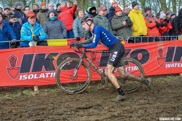 Spencer Petrov slogs through the mud. U23 Men. 2018 UCI Cyclocross World Championships, Valkenburg-Limburg, The Netherlands. © Bart Hazen / Cyclocross Magazine