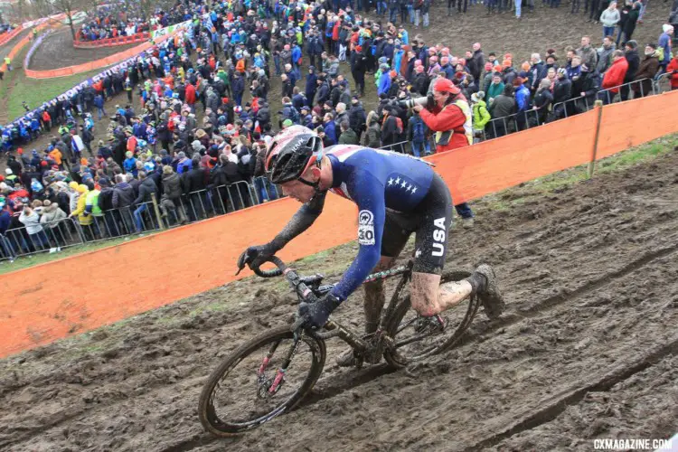 Spencer Petrov rides one of the many off-cambers. U23 Men. 2018 UCI Cyclocross World Championships, Valkenburg-Limburg, The Netherlands. © Bart Hazen / Cyclocross Magazine